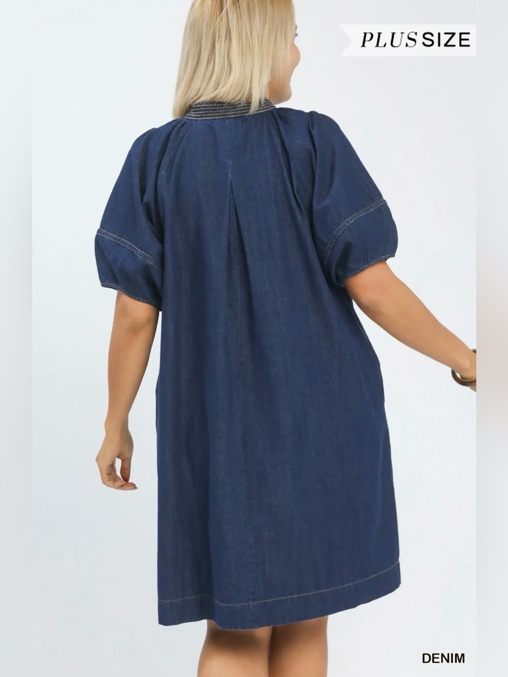 New!Umgee Plus Size Denim Pocket Puff Sleeve Contrast Mini Dress Size 2X - Picture 5 of 8
